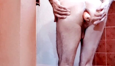 Peeing with dildo stuck in ass