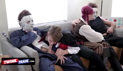 Twink Trade - Hot And Horny Stepdads Put On Costumes And Surprise Their Teen Twinks On The Couch